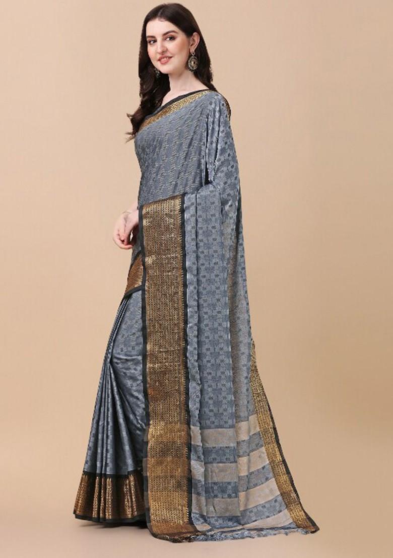 Grey Woven Silk Saree Set