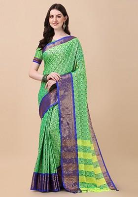 Fluorescent Green Woven Silk Saree Set