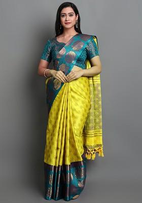 Lime Green Woven Poly Blend Saree Set