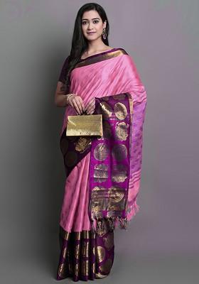 Pink Zari Poly Blend Saree Set