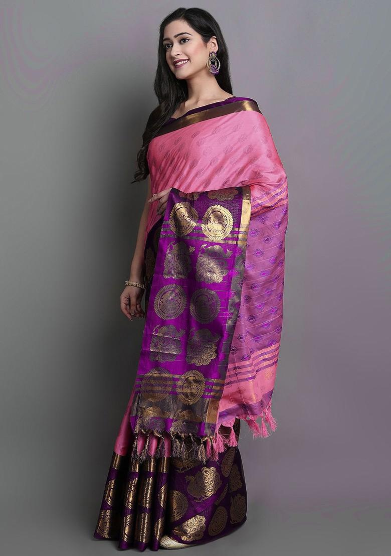 Pink Zari Poly Blend Saree Set