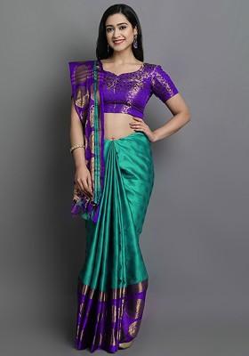 Turquoise Blue Woven Poly Blend Saree Set