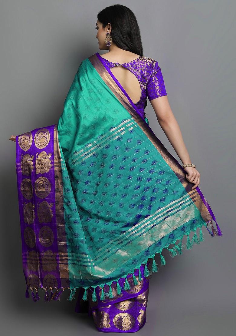 Turquoise Blue Woven Poly Blend Saree Set