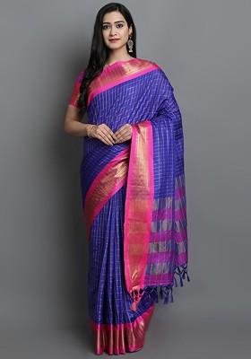 Blue Checked Poly Blend Saree Set