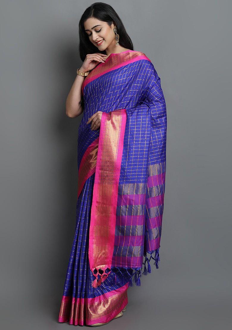Blue Checked Poly Blend Saree Set