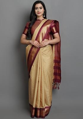 Beige Zari Poly Blend Saree Set