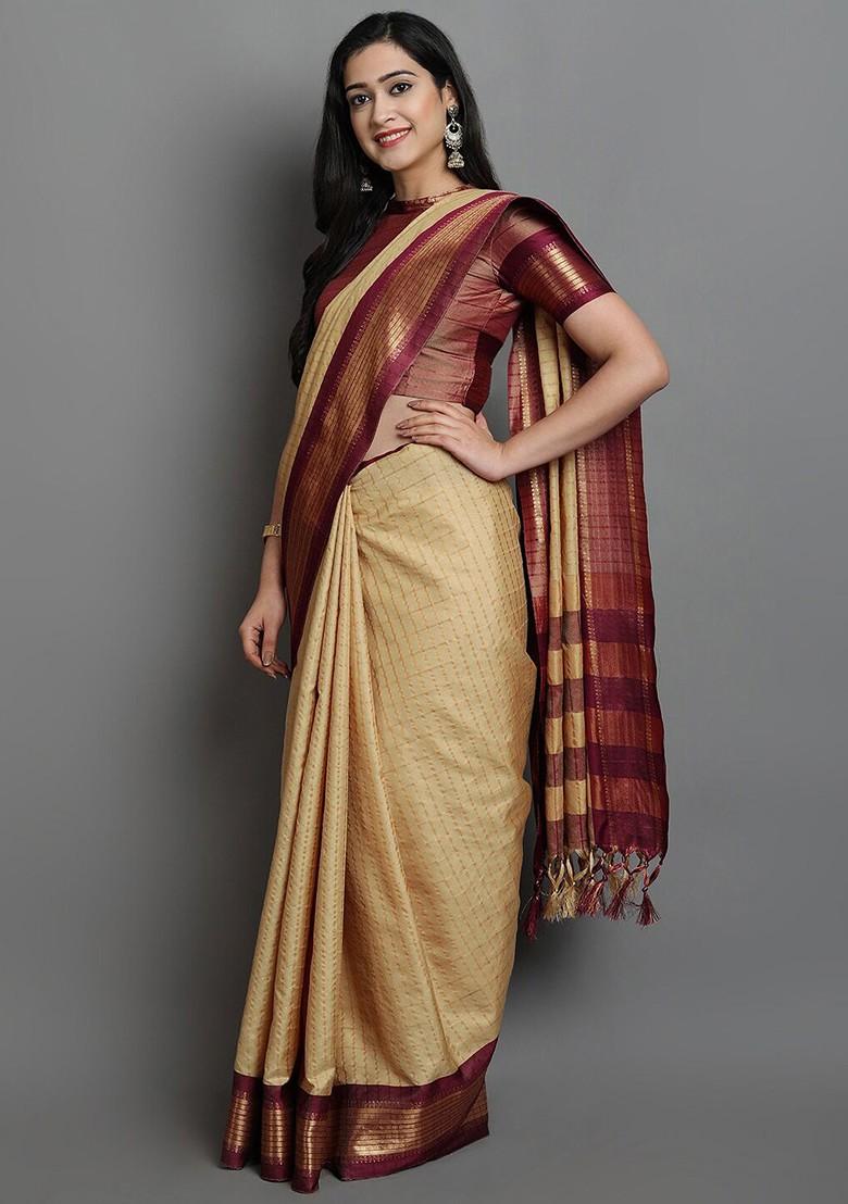 Beige Zari Poly Blend Saree Set