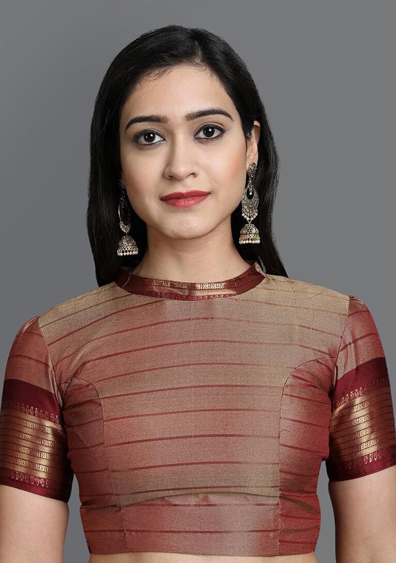 Beige Zari Poly Blend Saree Set