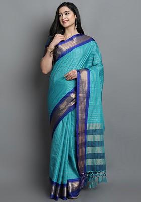 Turquoise Blue Checked Poly Blend Saree Set