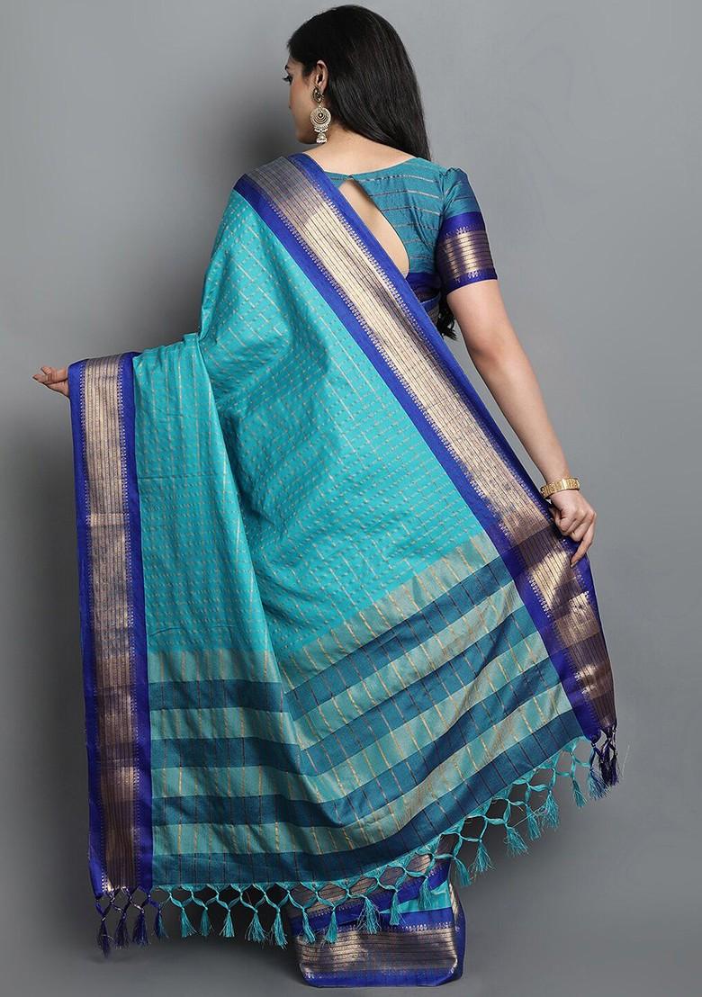 Turquoise Blue Checked Poly Blend Saree Set