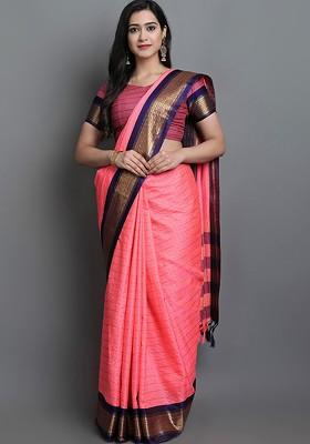 Pink Zari Poly Blend Saree Set