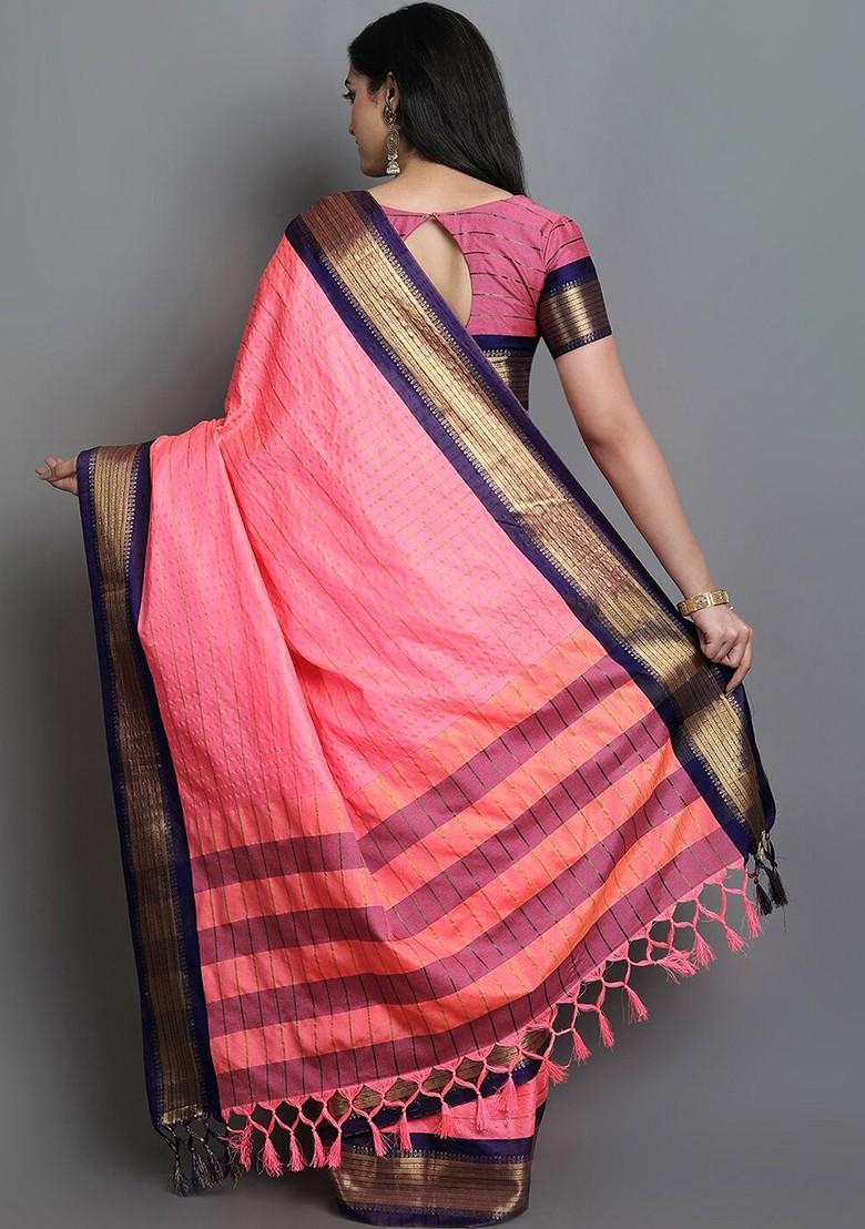 Pink Zari Poly Blend Saree Set