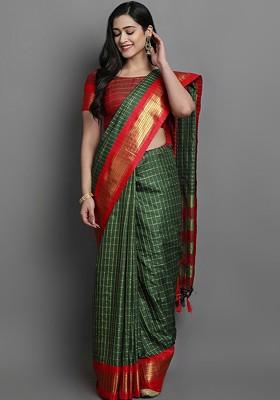 Green Zari Poly Blend Saree Set