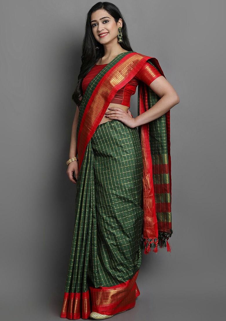 Green Zari Poly Blend Saree Set