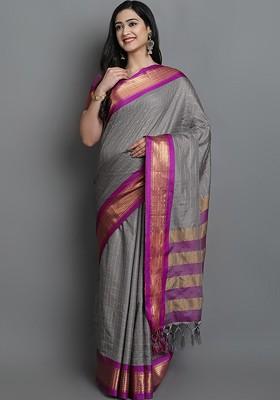 Grey Zari Poly Blend Saree Set