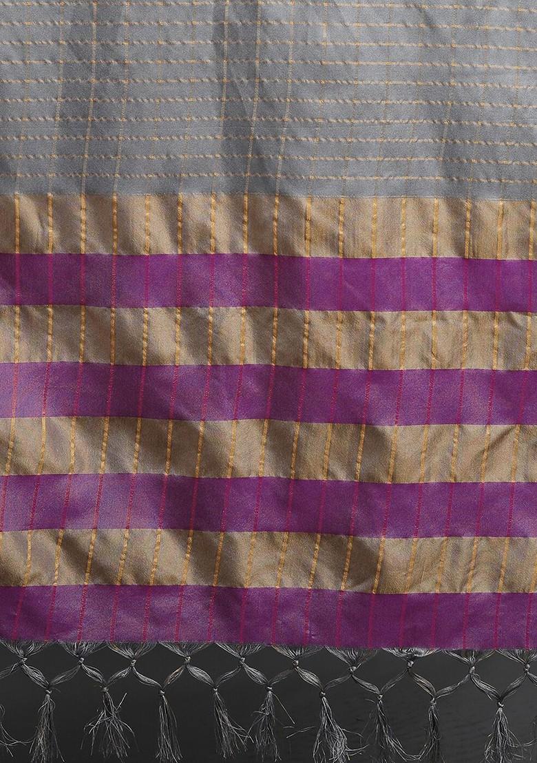 Grey Zari Poly Blend Saree Set