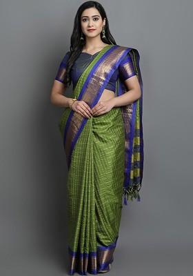 Fluorescent Green Checked Poly Blend Saree Set