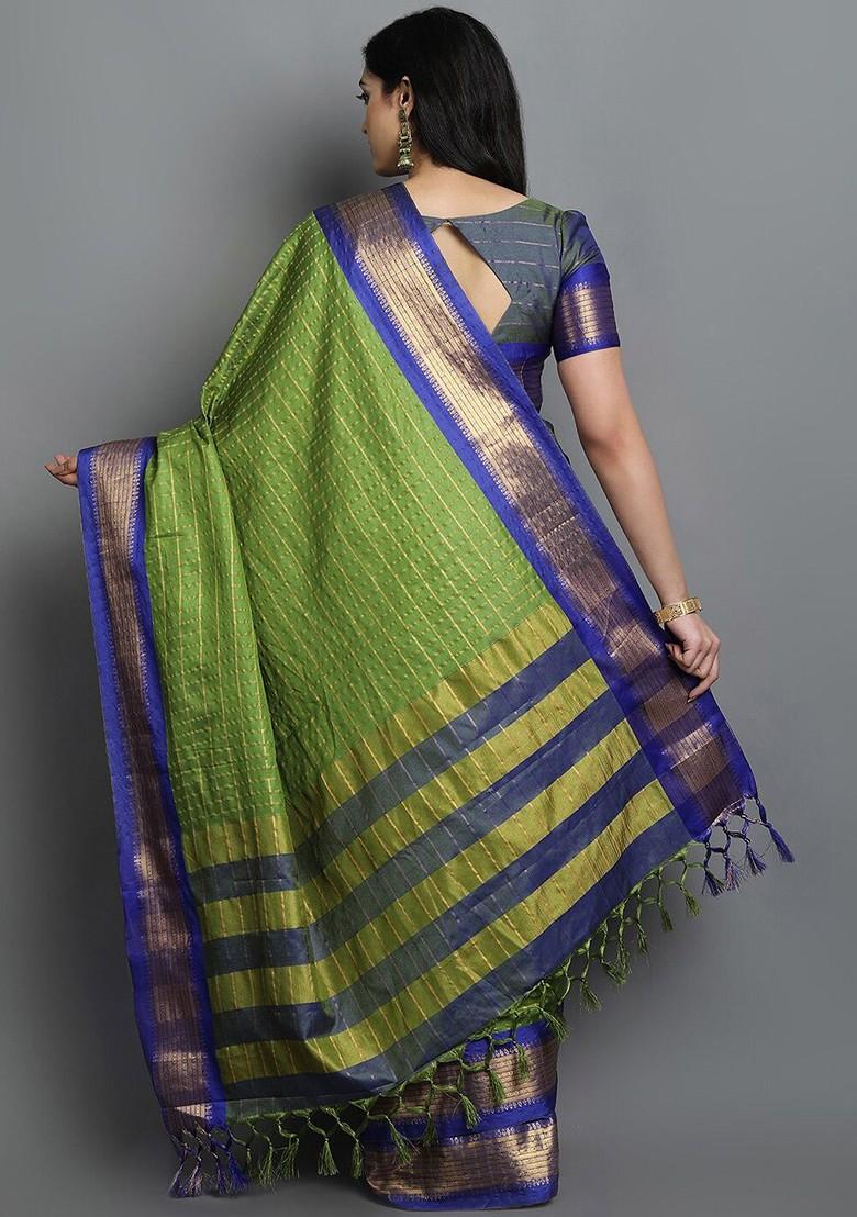 Fluorescent Green Checked Poly Blend Saree Set