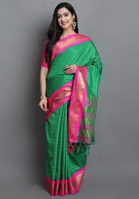 Green Checked Poly Blend Saree Set