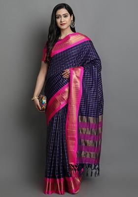 Navy Blue Zari Poly Blend Saree Set