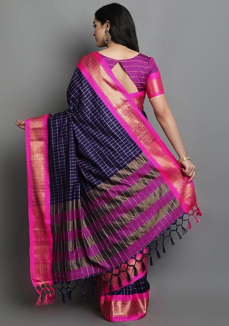 Navy Blue Zari Poly Blend Saree Set