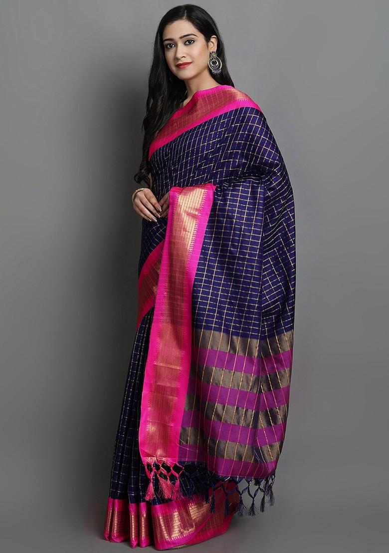 Navy Blue Zari Poly Blend Saree Set