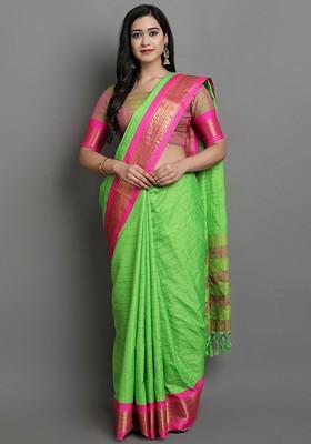 Green Zari Poly Blend Saree Set