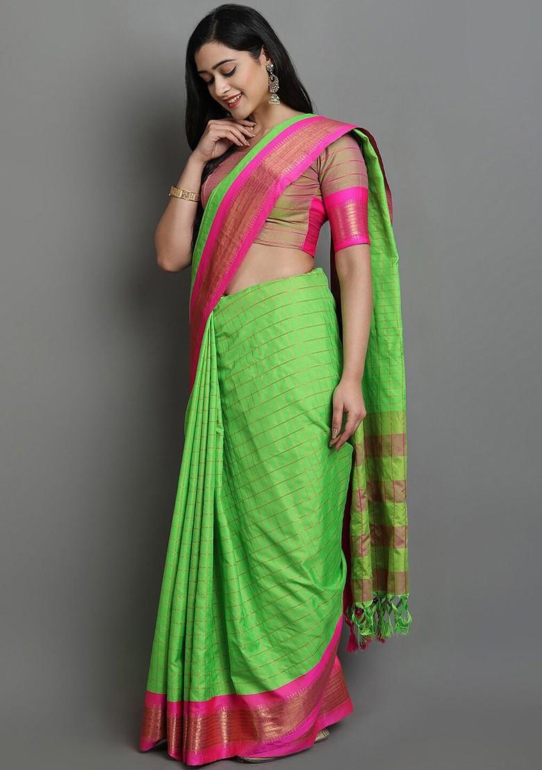 Green Zari Poly Blend Saree Set