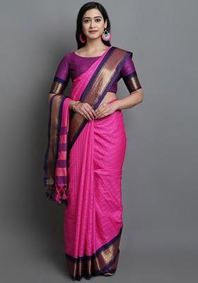 Pink Zari Poly Blend Saree Set