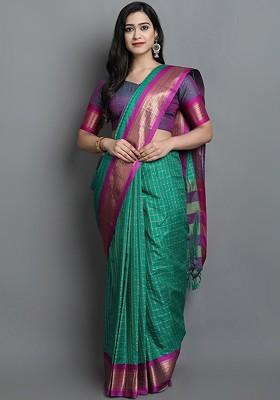 Green Zari Poly Blend Saree Set