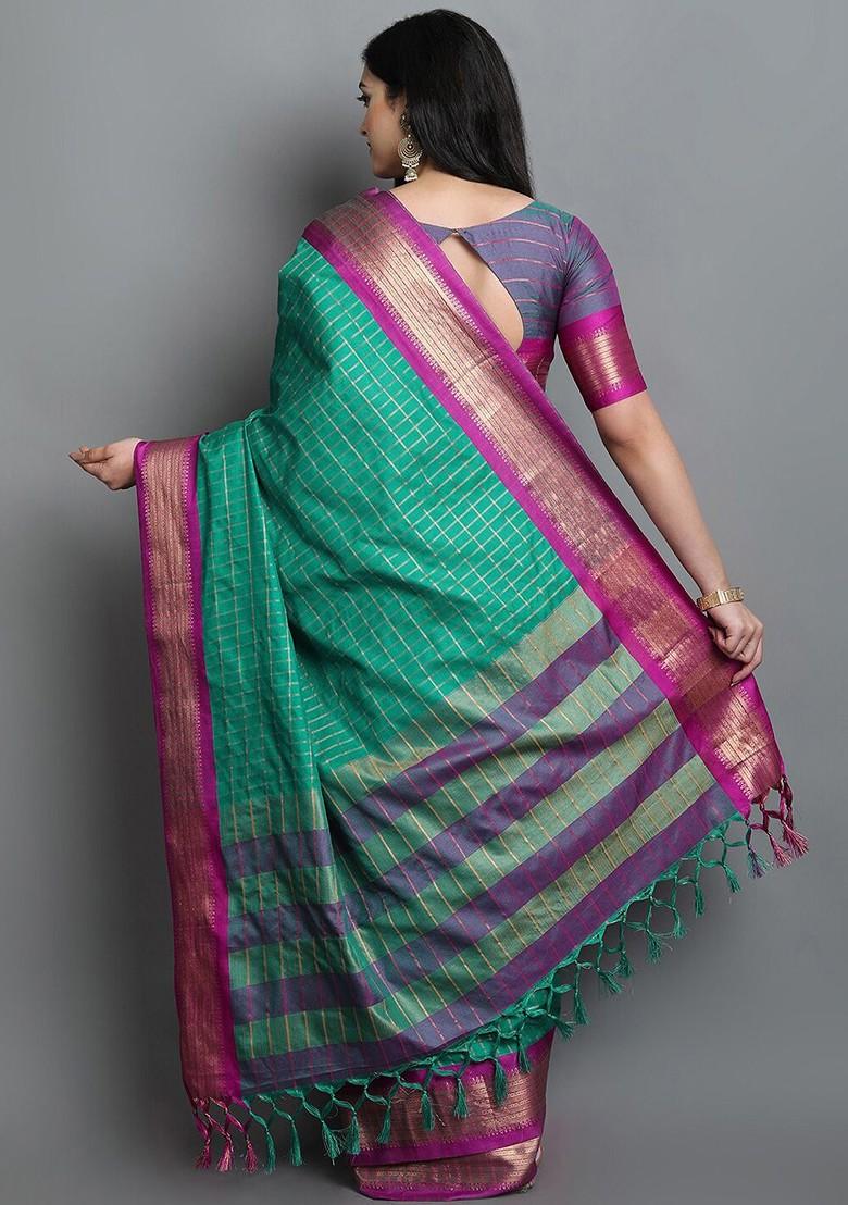 Green Zari Poly Blend Saree Set