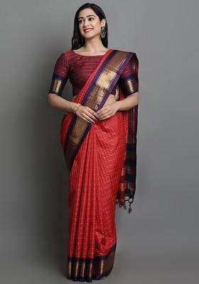 Red Checked Poly Blend Saree Set