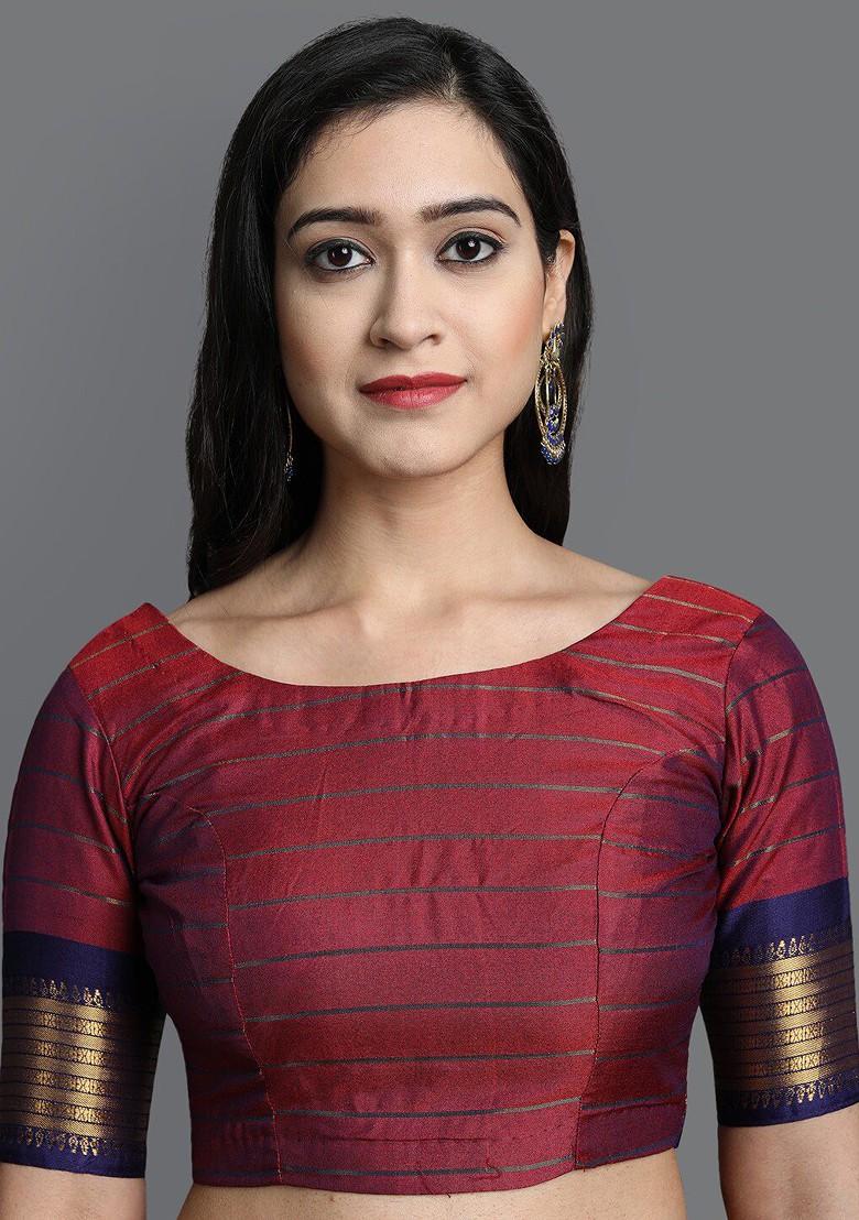 Red Checked Poly Blend Saree Set