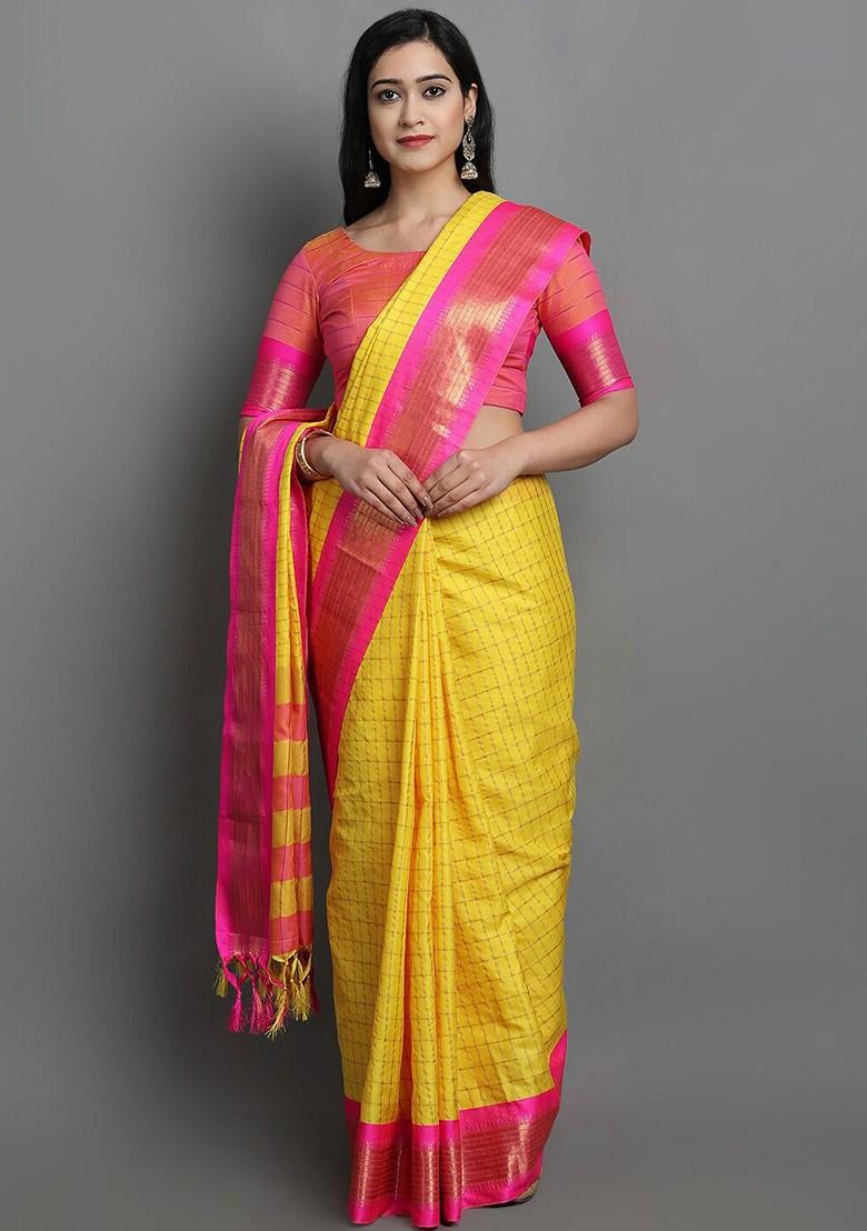 Yellow Checked Poly Blend Saree Set