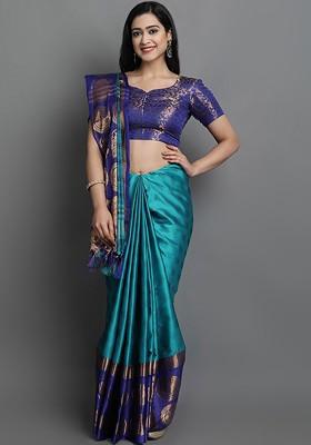 Blue Zari Cotton Saree Set
