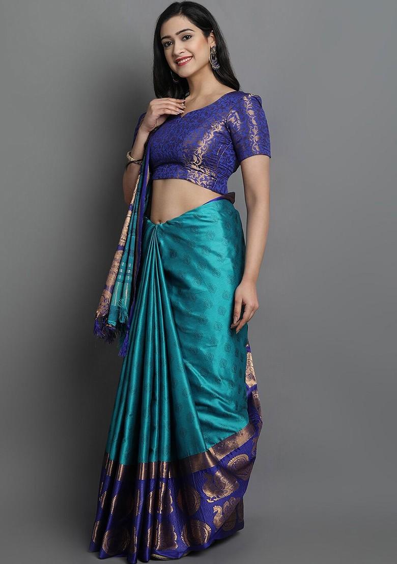 Blue Zari Cotton Saree Set