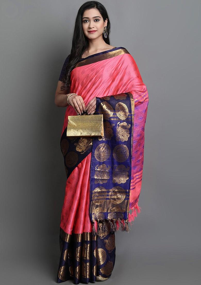 Pink Woven Cotton Saree Set