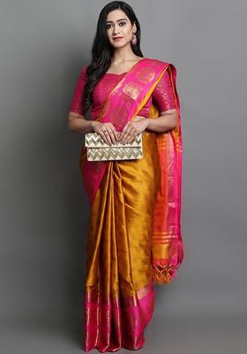 Gold Woven Poly Blend Saree Set