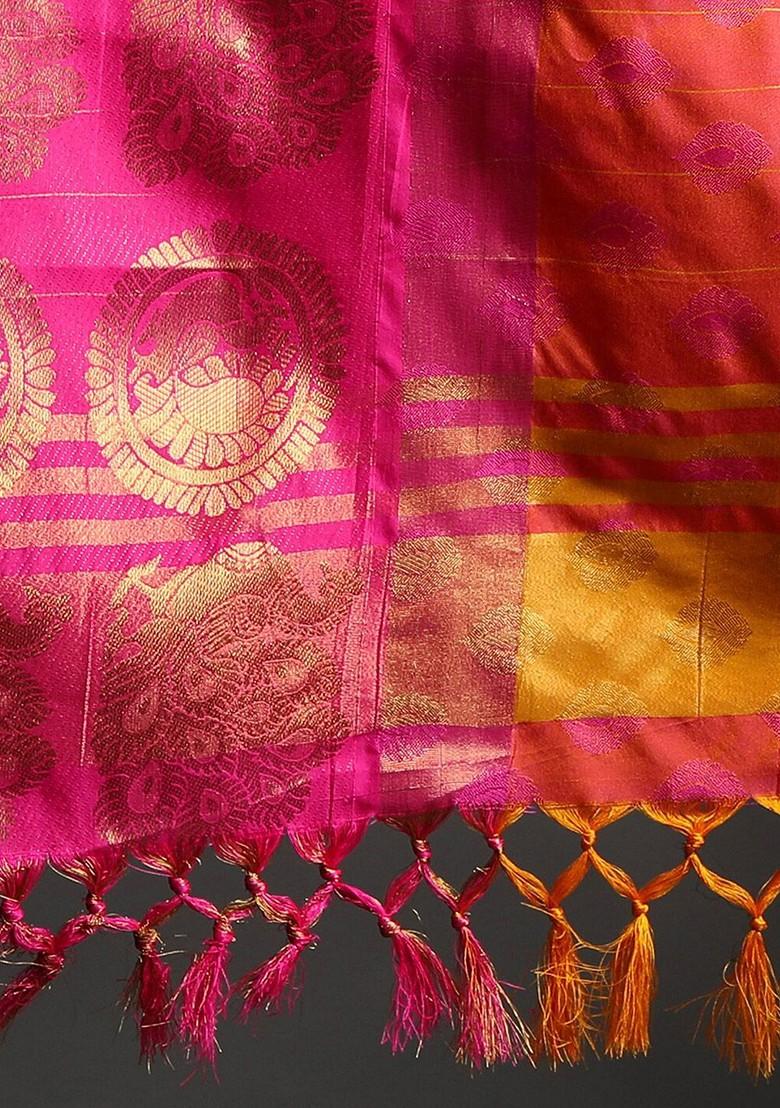 Gold Woven Poly Blend Saree Set