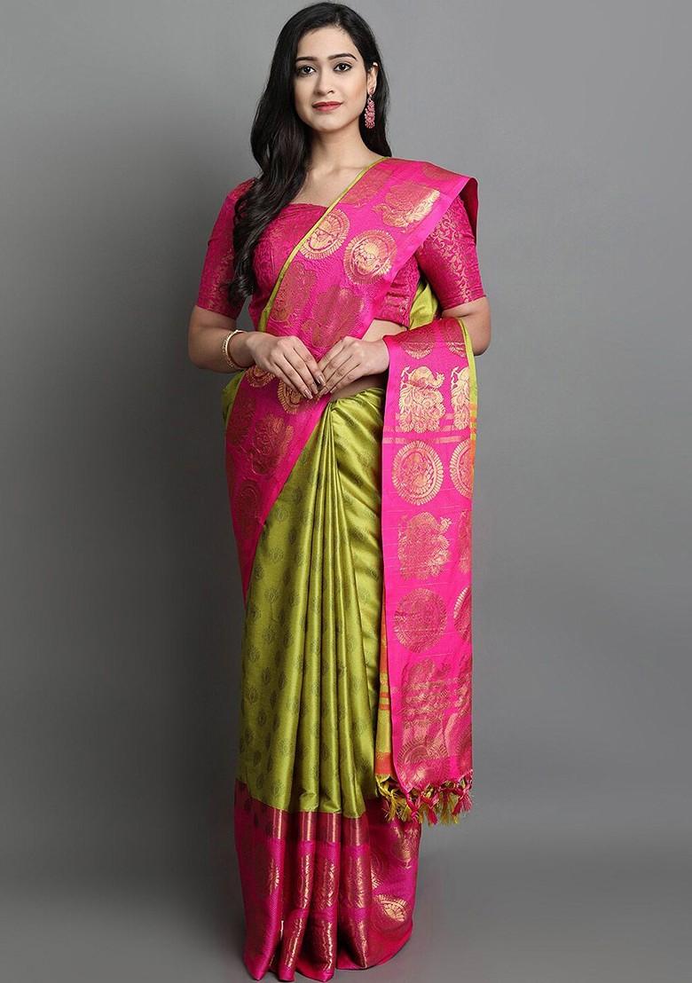 Lime Green Zari Cotton Saree Set