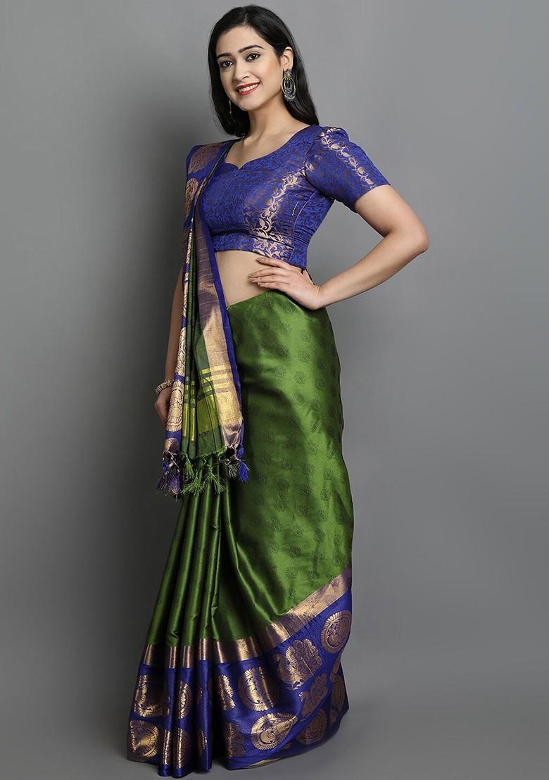 Fluorescent Green Woven Cotton Saree Set