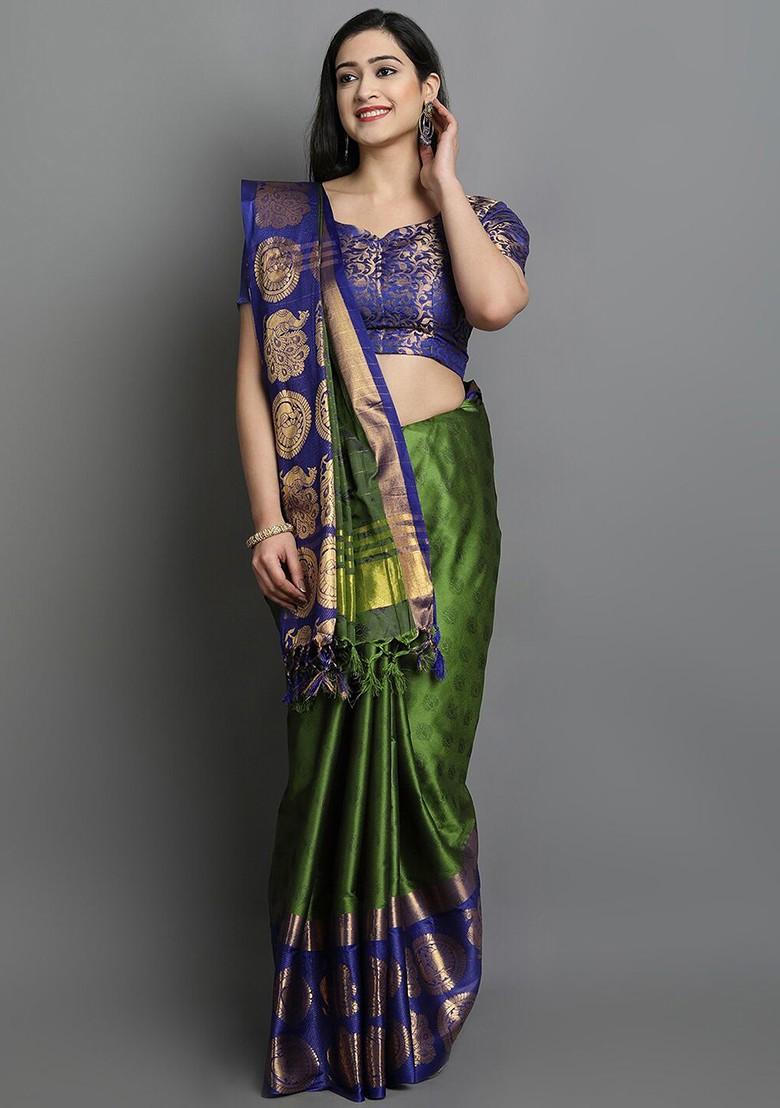 Fluorescent Green Woven Cotton Saree Set