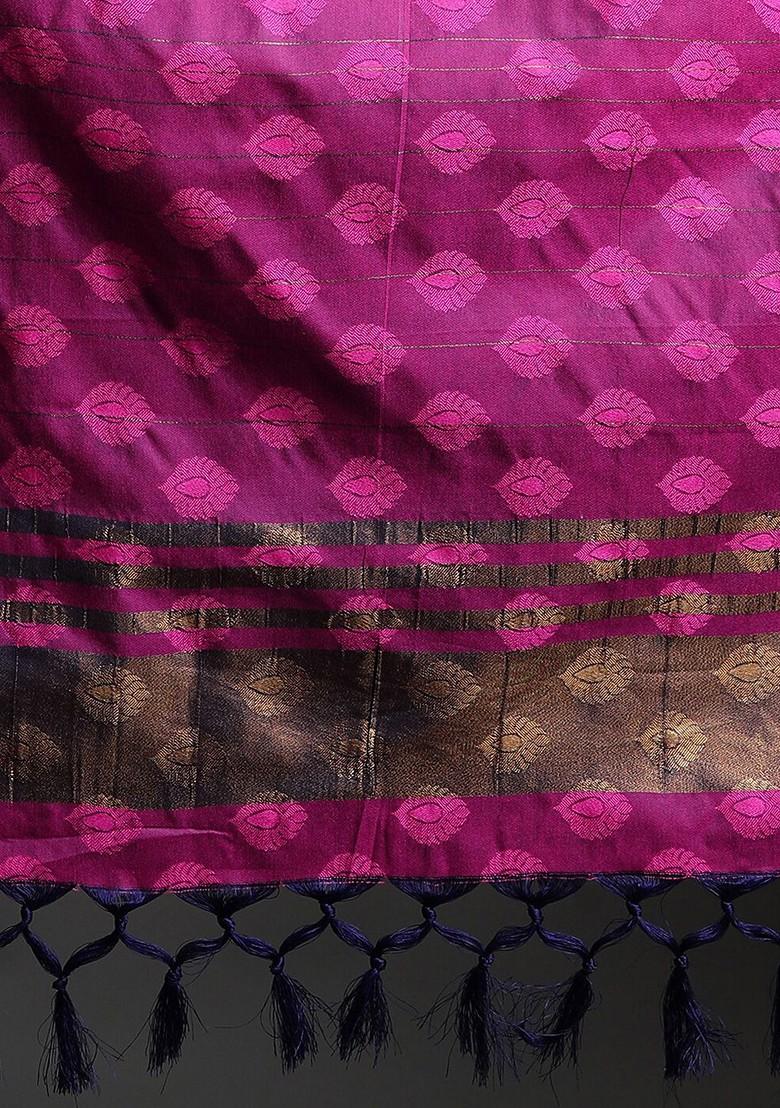 Navy Blue Woven Cotton Saree Set