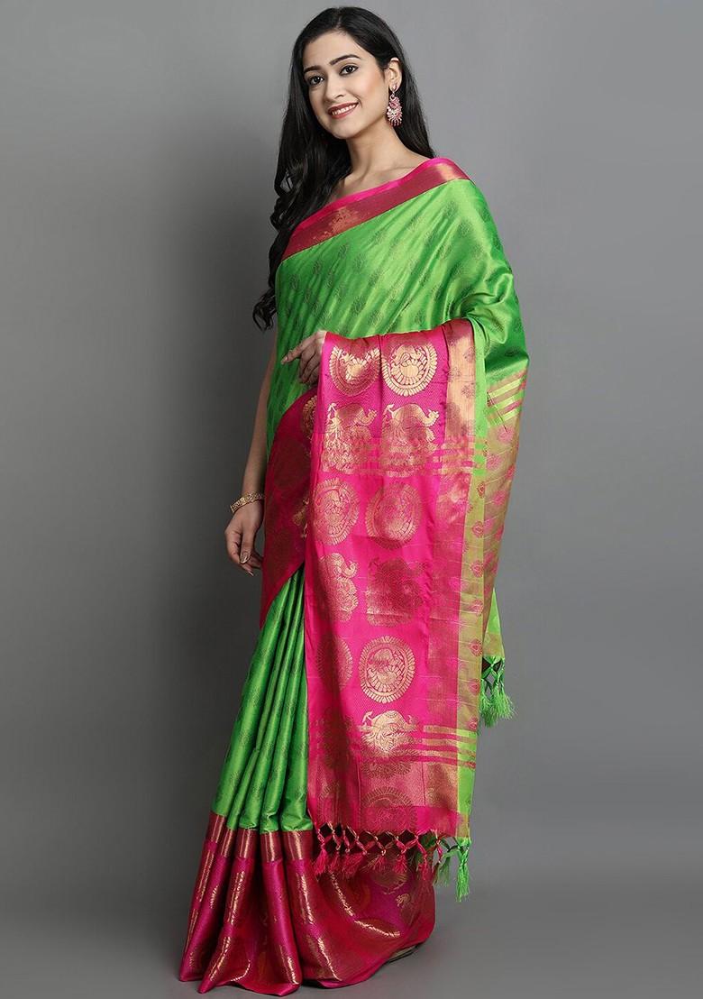 Green Woven Poly Blend Saree Set