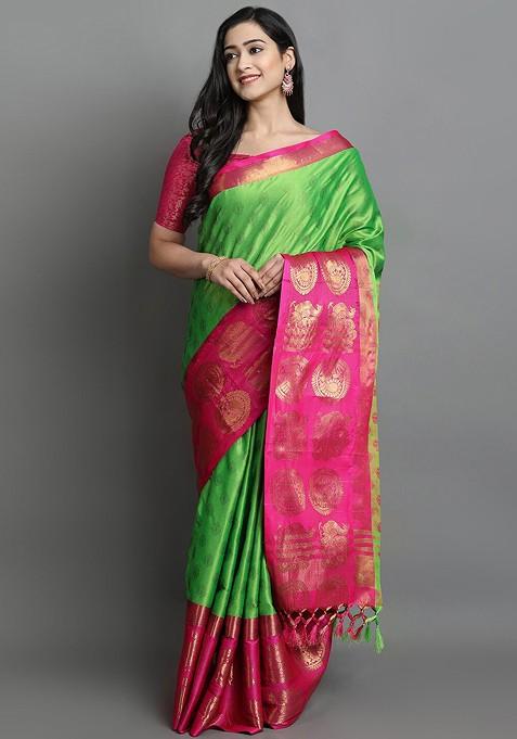 Green Woven Poly Blend Saree Set