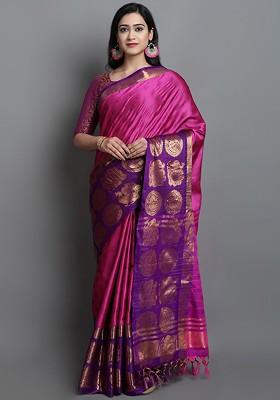 Pink Woven Cotton Saree Set