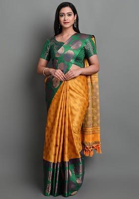 Yellow Woven Poly Blend Saree Set