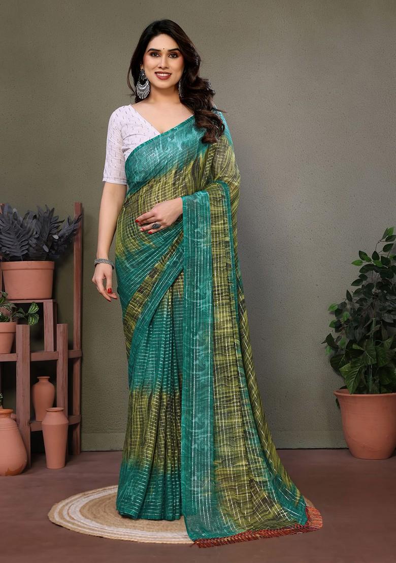 Green Printed Georgette Saree Set