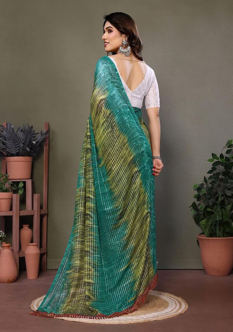 Green Printed Georgette Saree Set