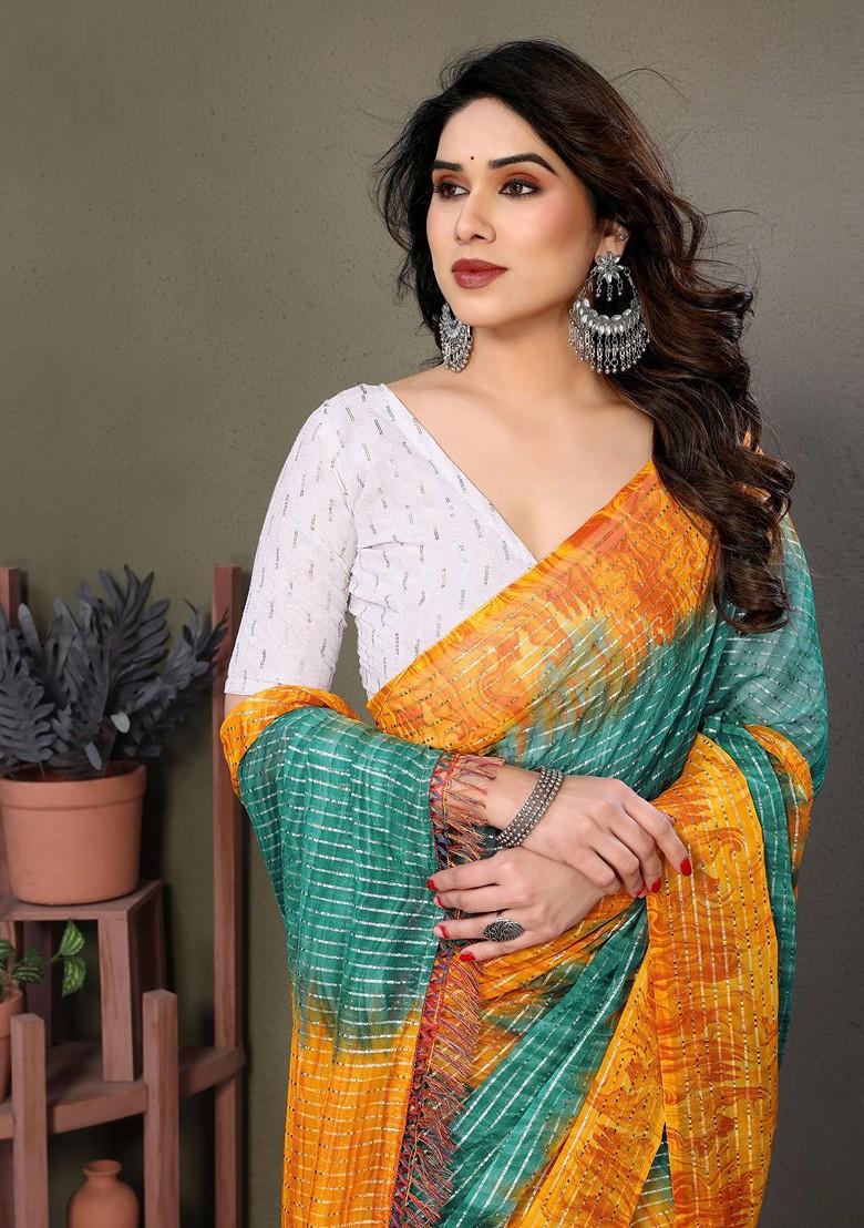 Sea Green Striped Georgette Saree Set
